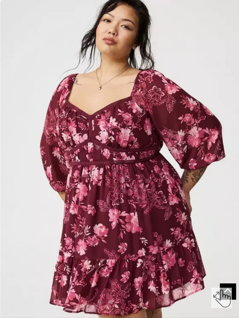Mini Shirred Bodice A Line Dress Floral Plum 3x Plus Long Sleeve
